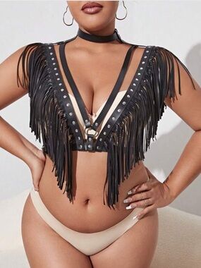 🖤 Fringed Black Leatherette Harness with Stud Details 🖤